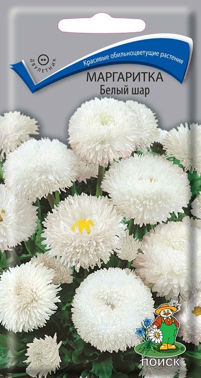 Семена цветов Маргаритка Белый шар, 0,05г 