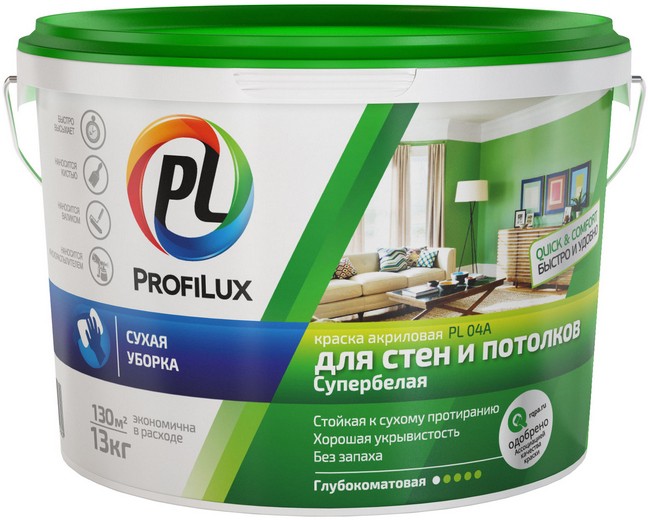Краска для стен и потолков акриловая Profilux матовая белая PL-04A 40кг - фото - 1