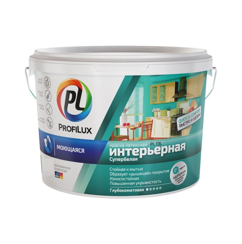 Краска для стен и потолков для влажных помещений латекс Profilux PL-13L глубокоматовая белая 7 кг - фото - 1