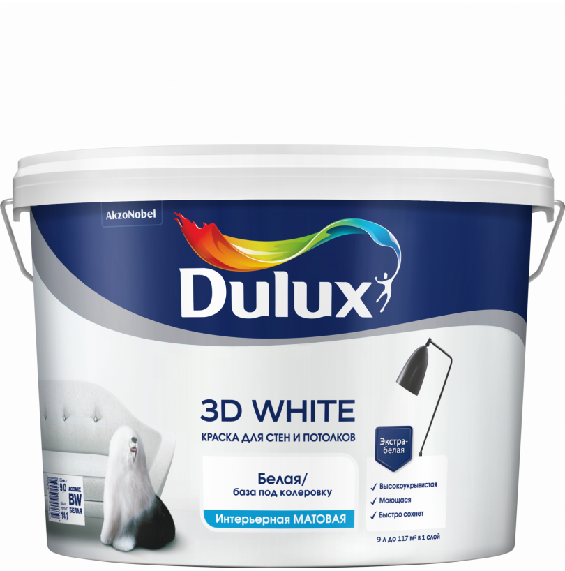 Краска в/д для стен и потолков, Dulux 3D White матовая база BW (св/колер) 2,5л - фото - 1
