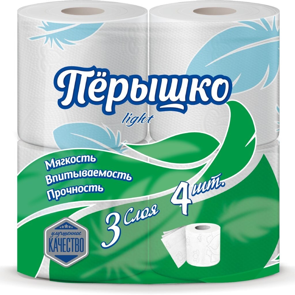 Туалетная бумага Перышко Light, 3 слоя, 4 шт, с втулкой, белая - фото - 1