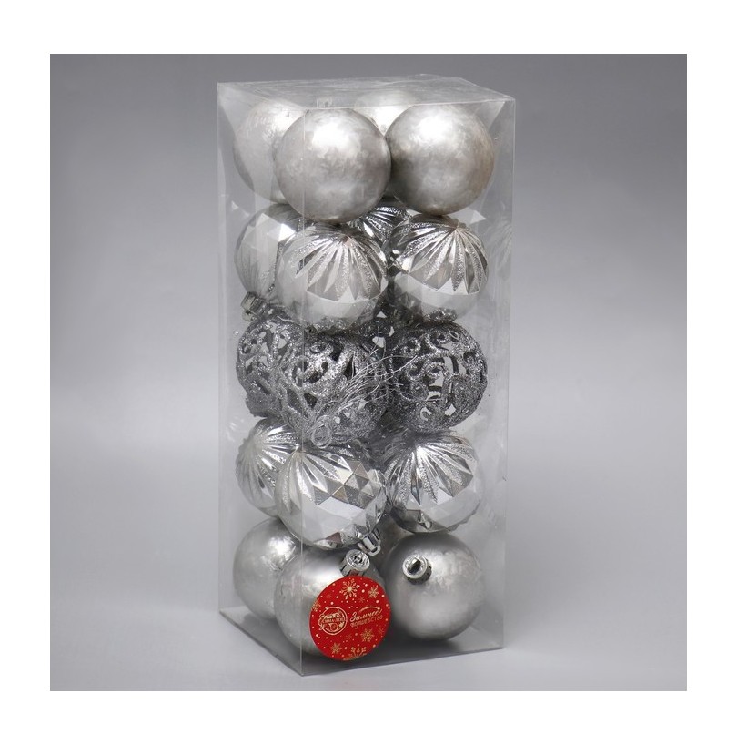 Набор шаров пластик d-6 см, 20 шт "Лоран узоры" серебро - фото - 1