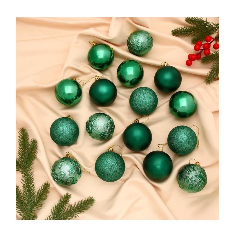Набор шаров пластик d-6 см, 16 шт "Теона узоры" зелёный - фото - 2
