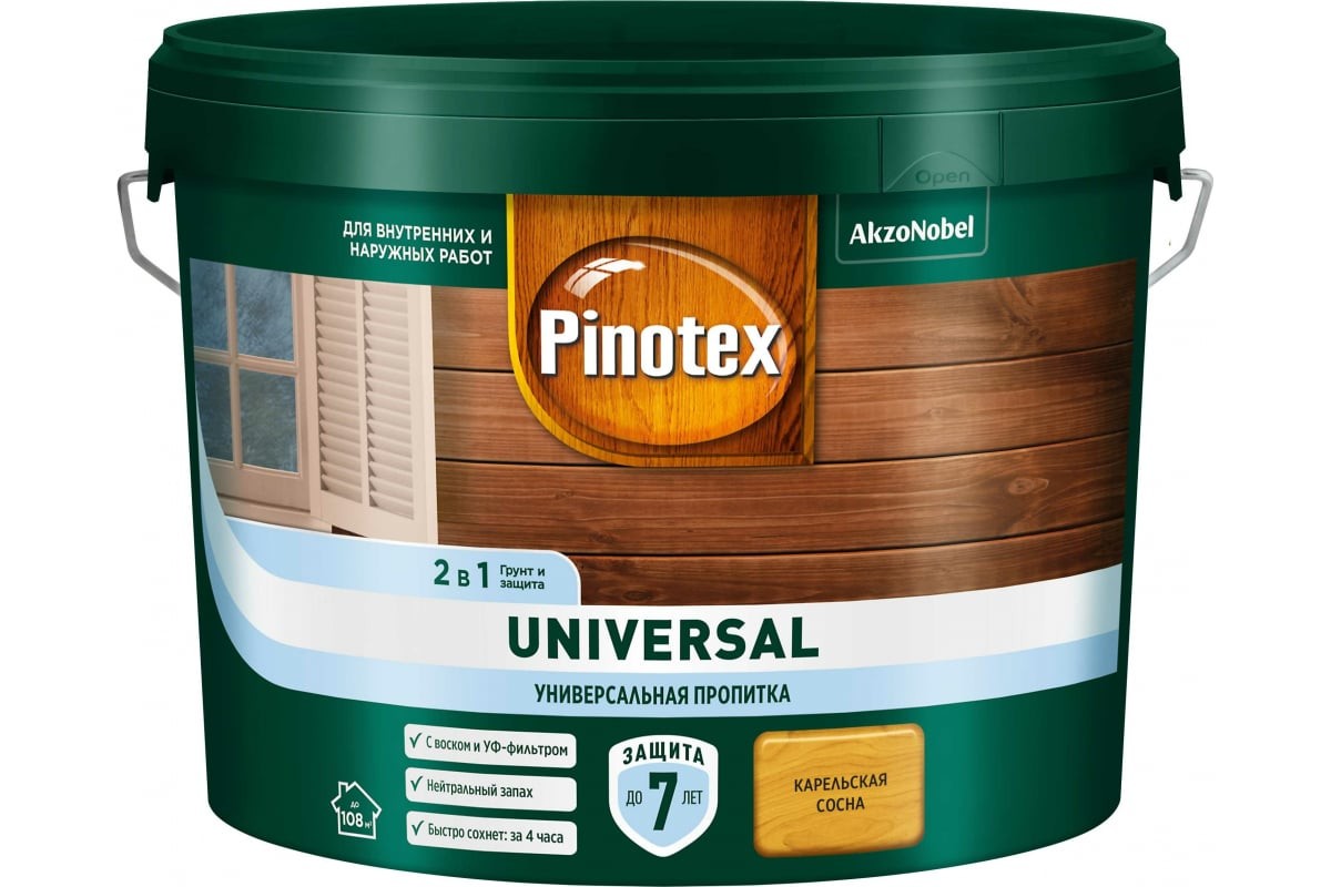 Пропитка защитная для дерева Pinotex Universal 2 в 1 карельская сосна 9 л - фото - 1