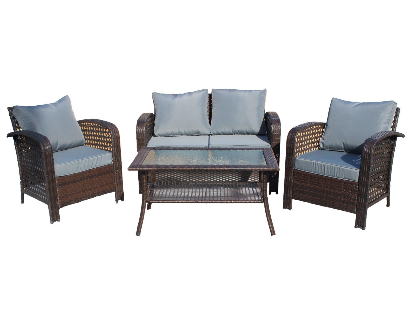 Набор мебели Норд (стол+2кресла+диван ротанг коричневый, подушки серые) - фото - 1