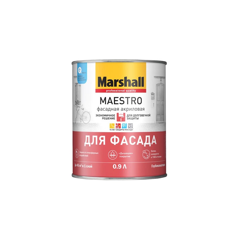 Краска фасадная акриловая Marshall Maestro глубокоматовая база ВС 0,9 л - фото - 1