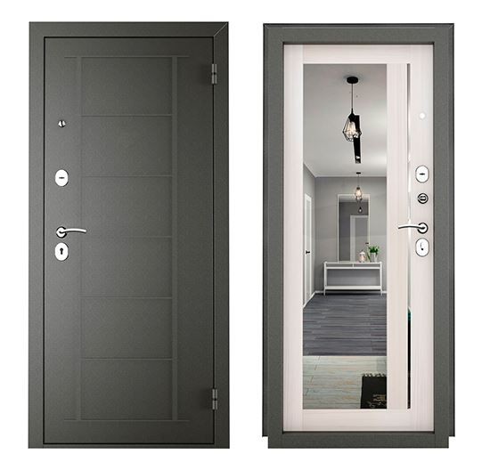 Дверь металл ТИТАН 2050/960/R зеркало Беленый дуб/графит, правая - фото - 1