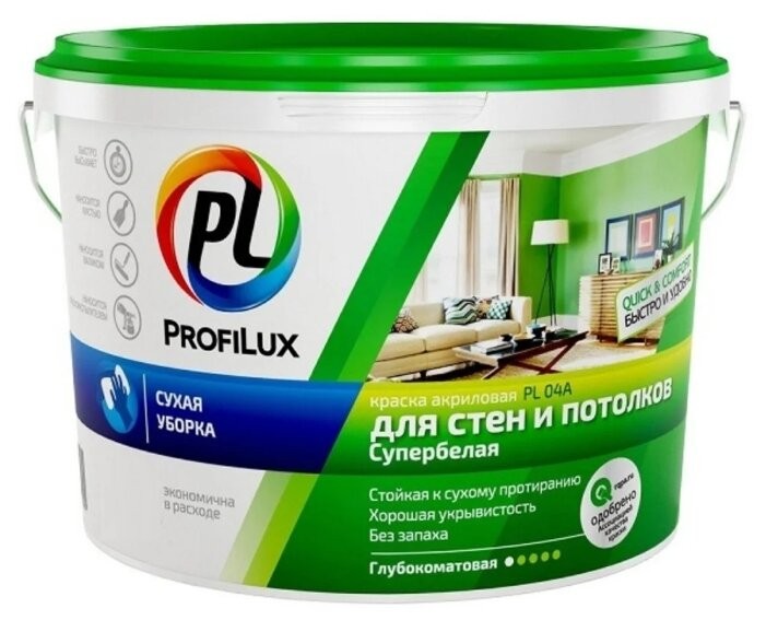 Краска для стен и потолков акриловая Profilux PL-04А матовая супербелая 14 кг