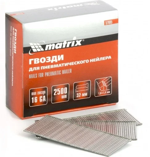 Гвозди для пневм. нейлера 16GA, сечение 1.6х1.4, длина 32 мм, 2500шт //Matrix