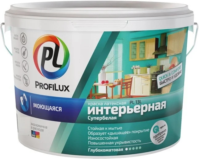 Краска для стен и потолков для влажных помещений латекс Profilux PL-13L глубокоматовая белая 1,4 кг