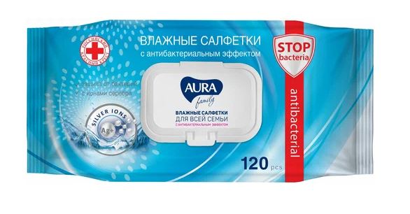 Салфетки влажные Aura антибактериальные с крышкой, 120шт