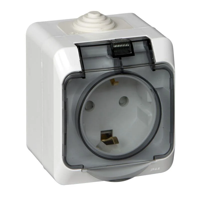 Розетка 1-м с/з, защ.шторки, с крышкой Этюд 16А IP44 250В SE PA16-044B, белый