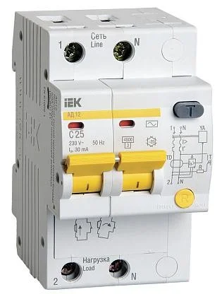 Выключатель дифференц. IEK 2п C 25А 30мА тип AC 4.5кА АД-12