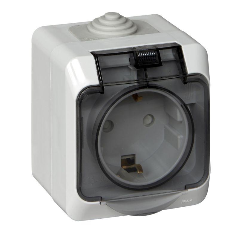 Розетка 1-м с/з, защ.шторки, с крышкой Этюд 16А IP44 250В SE PA16-044C, серый