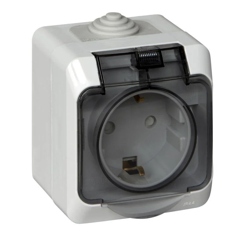 Розетка 1-м с/з, защ.шторки, с крышкой Этюд 16А IP44 250В SE PA16-044C, серый