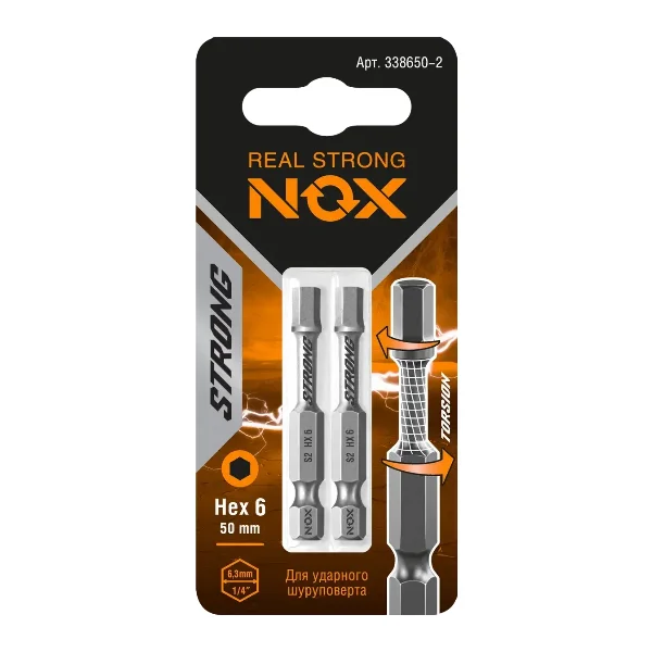 Бита Hex6х50мм торсионная E6,3 Nox Strong 2 шт карта
