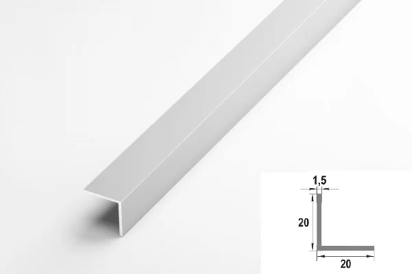 Уголок алюминиевый серебро/анод 20*20*1,5мм (Уп 06-27.2700.501л) 2,7м