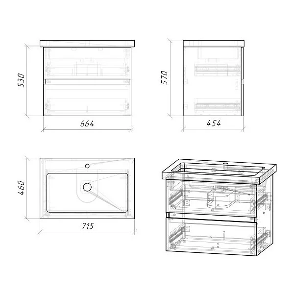Тумба подвесная Юнит 70 см с умывальником Фостер-70, 2 ящика, кадена лайт