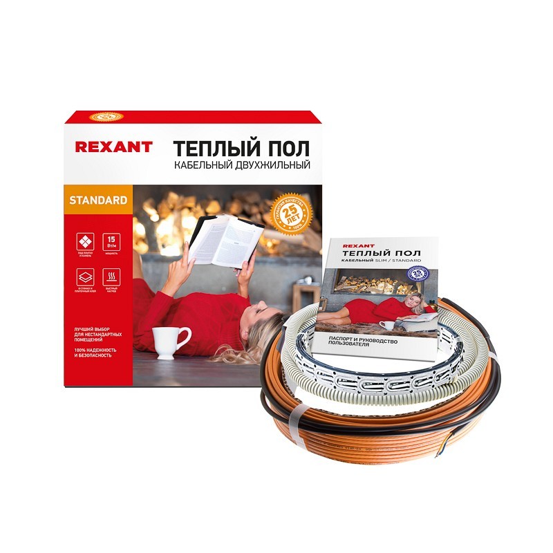 Теплый пол REXANT Standard RND -50-750 (750Вт/50м/ S обогрева, м2: 4,7-6,3) (двух жильный)