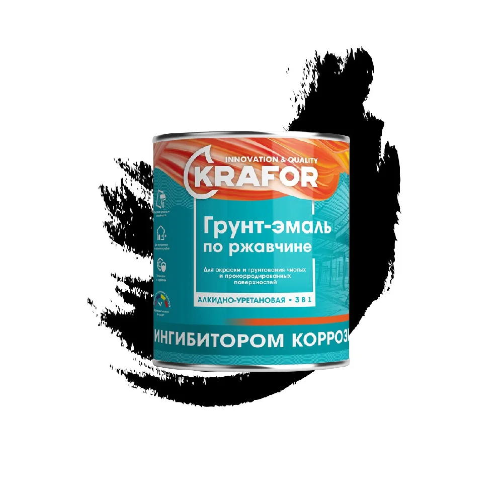 Грунт-эмаль по ржавчине 3 в 1 алкид, черная KRAFOR 1 кг