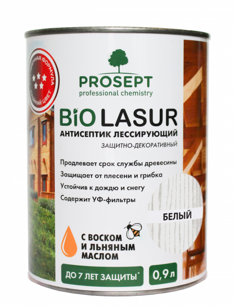 Пропитка защитно-декоративная PROSEPT BiO LASUR, Белый люкс  0,9л