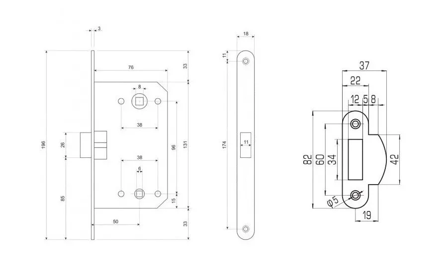Защелка врезная PALIDORE 2050, бесшумная, сантехническая, BL Черный