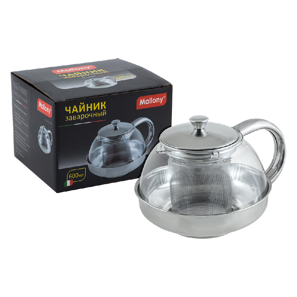 Чайник заварочный Mallony Menta-600 0,6 л, стекло, фильтр-нержавейка, серебристый