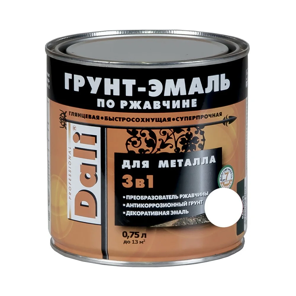Грунт-эмаль по ржавчине 3 в 1 глянцевая Белая RAL-9010 DALI  0,75 л