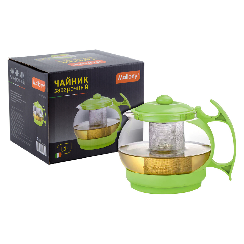 Чайник заварочный Mallony Decotto-1100 1,1 л, стекло, фильтр-нержавейка, зеленый