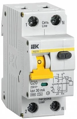 Выключатель дифференц. IEK 2п (1P+N) C 20А 30мА тип A 6кА АВДТ-32
