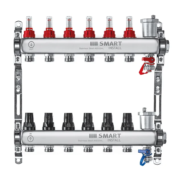 Комплект коллекторов Smart Install нерж сталь, с расходомерами 1х3/4 ЕК-6 выходов
