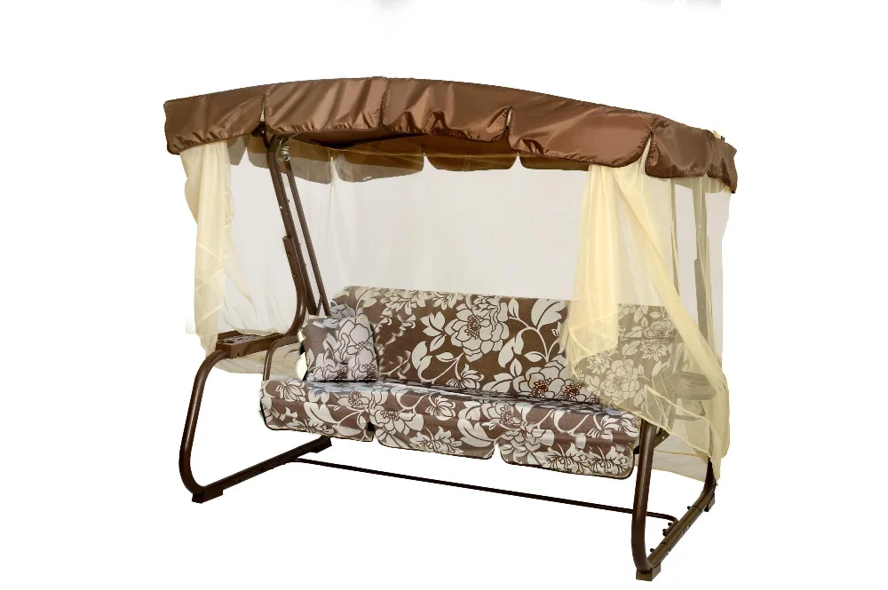 Качели садовые ТУРИН 3-х местные (каркас коричневый, м/э бежевый рис.цветы)