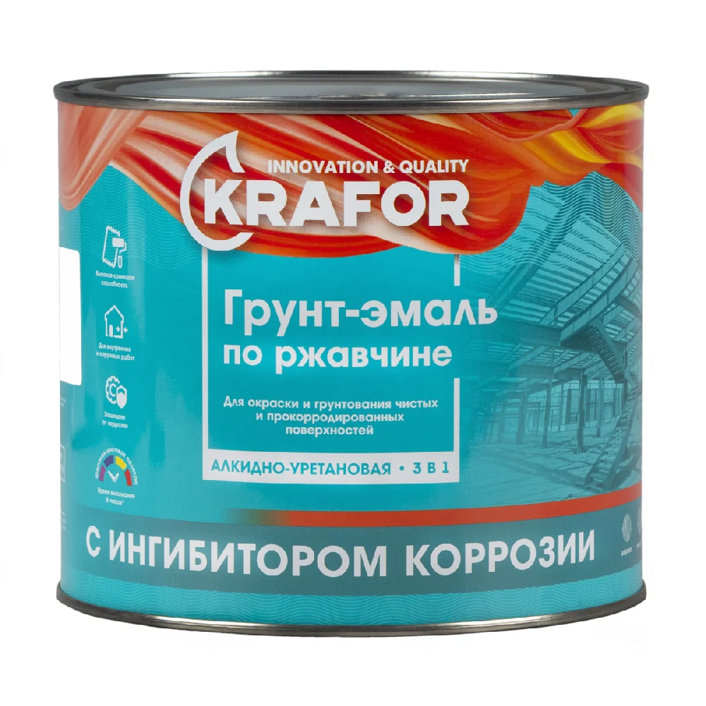 Грунт-эмаль по ржавчине 3 в 1 алкид, белая KRAFOR 1,9кг
