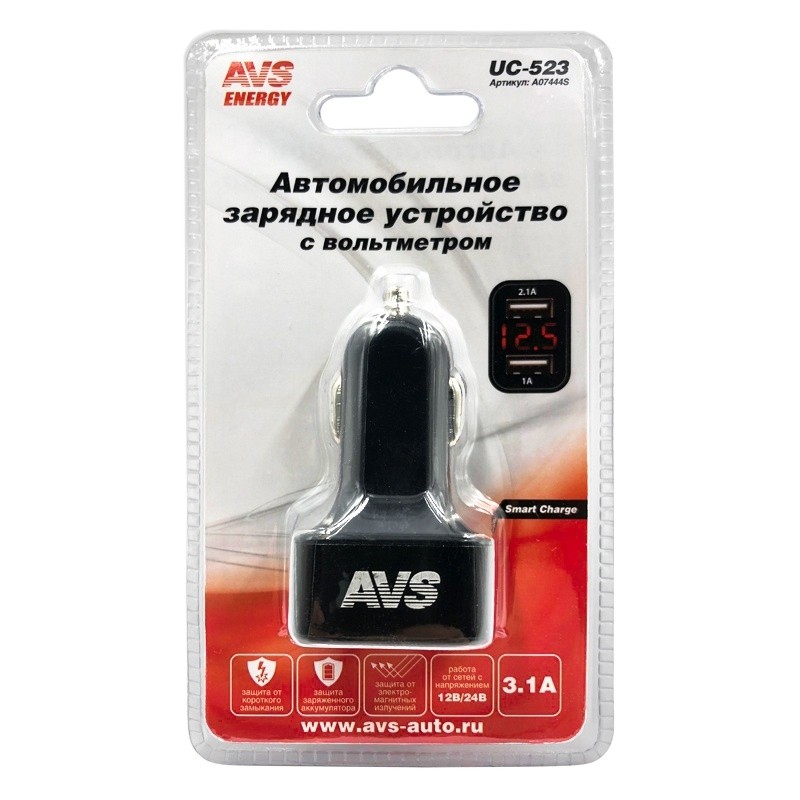 Автомобильное зарядное устройство USB с вольтметром (2 порта) AVS UC-523 (3.1А)