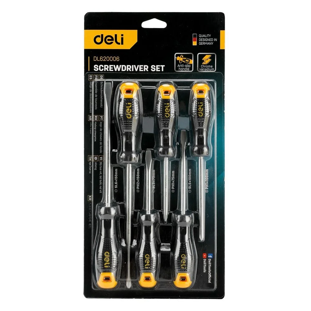 Набор отверток SL5x75 + SL5x100 + SL6x150 + PH1x75 + PH1x100 + PH2x150 Deli DL620006 6 шт 