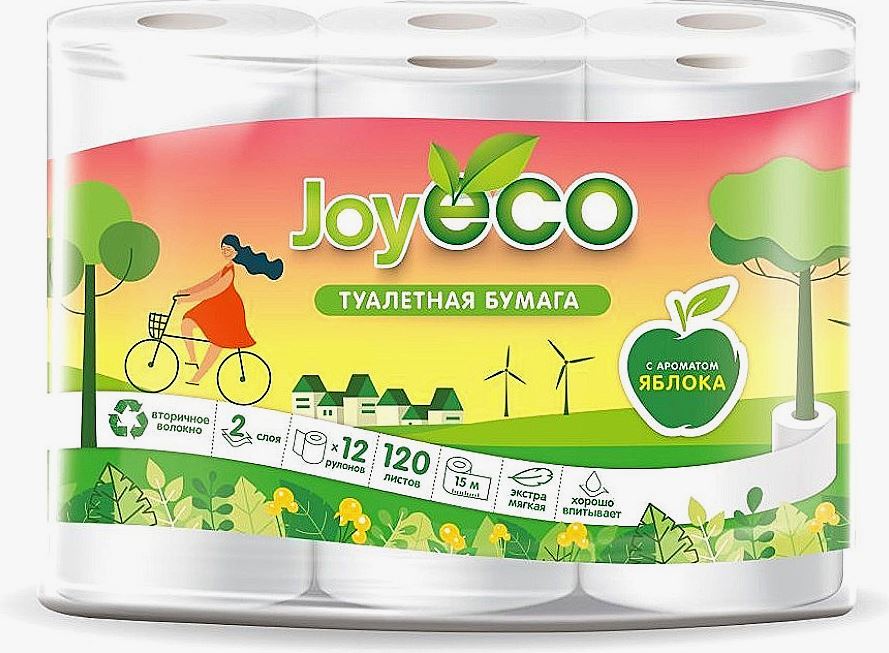 Туалетная бумага JOYeco Яблоко, 2 слоя, 12 шт, с втулкой, белая
