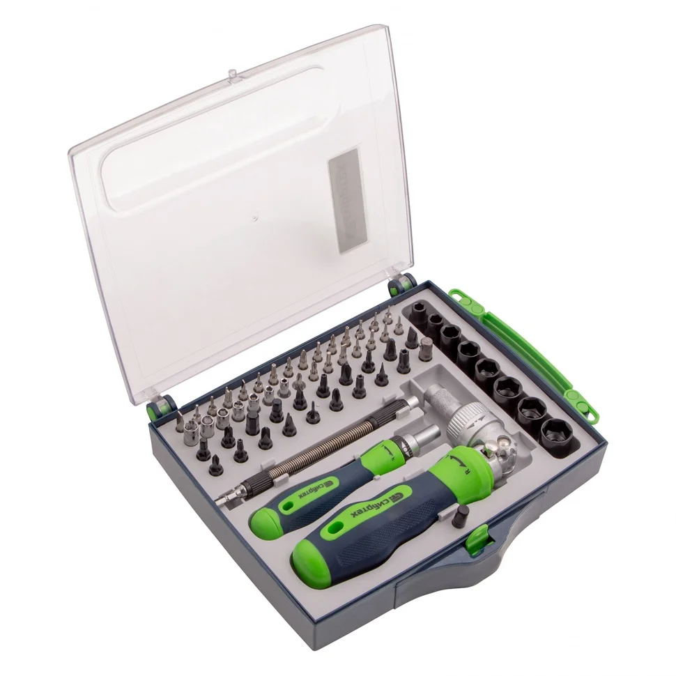 Набор отверток реверсивных с набором бит, торцевых головок, 61 предмет, CrV Сибртех