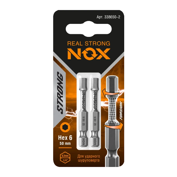 Бита Hex6х50мм торсионная E6,3 Nox Strong 2 шт карта