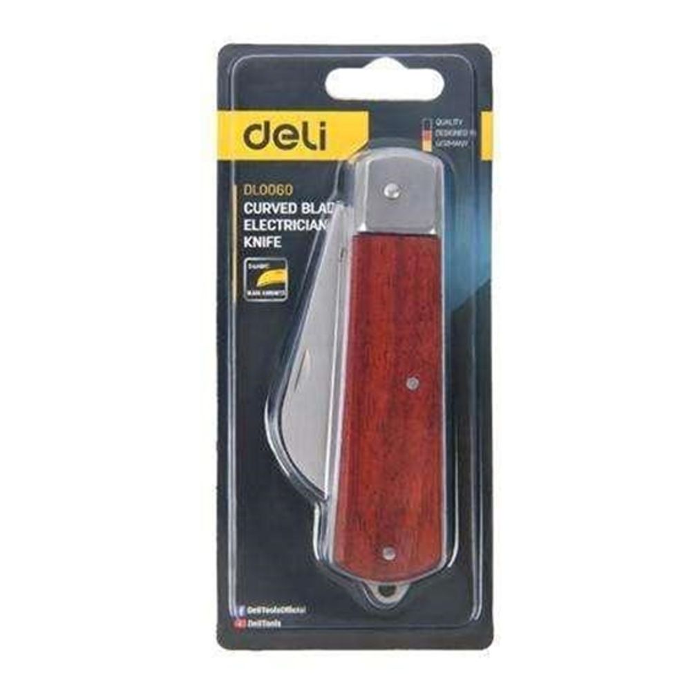 Нож электрика изогнутый складной 200 мм Deli DL0060 нержавеющая сталь, деревянная рукоять