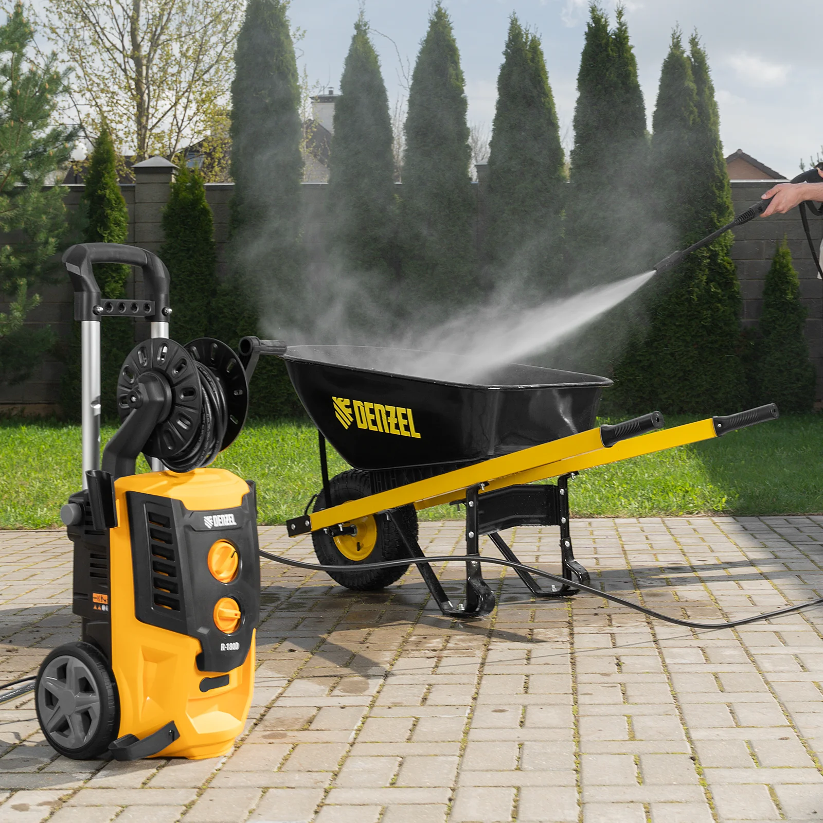 Мойка высокого давления R-180D, 2200 Вт, 180 бар, 380 л/ч, с барабаном Denzel