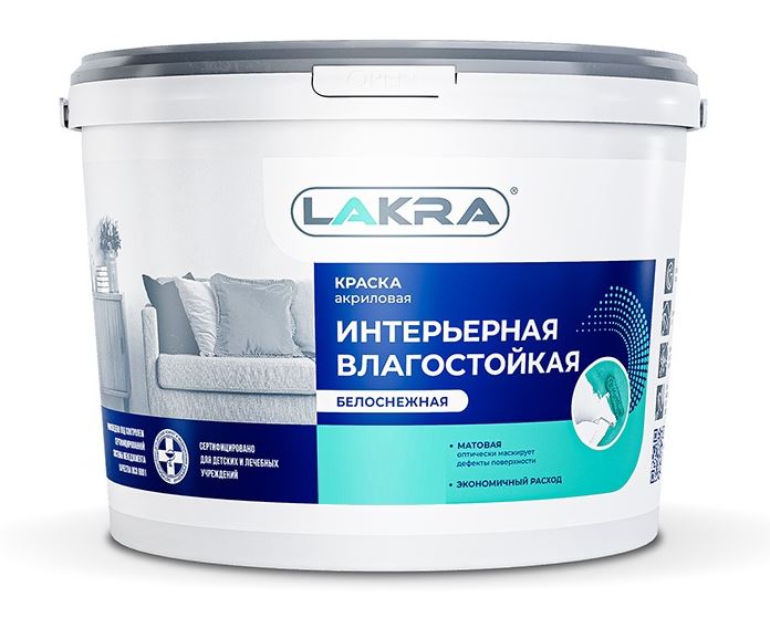 Краска в/д интерьерная влагостойкая белоснежная 6,5кг ЛАКРА