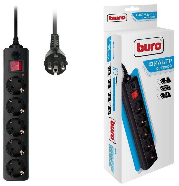 Сетевой фильтр BURO 992293 ПВС 3*0.75   5 розеток 10А/3м черный