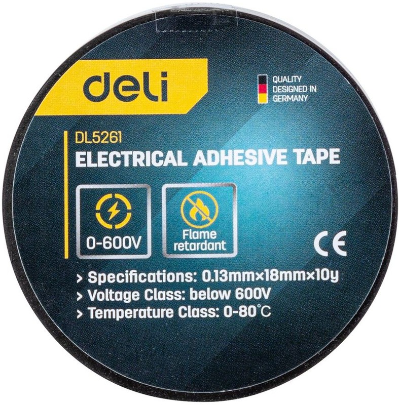 Изолента ПВХ 18 мм х 9,15 м Deli DL5261 напряжение до 600В, черная