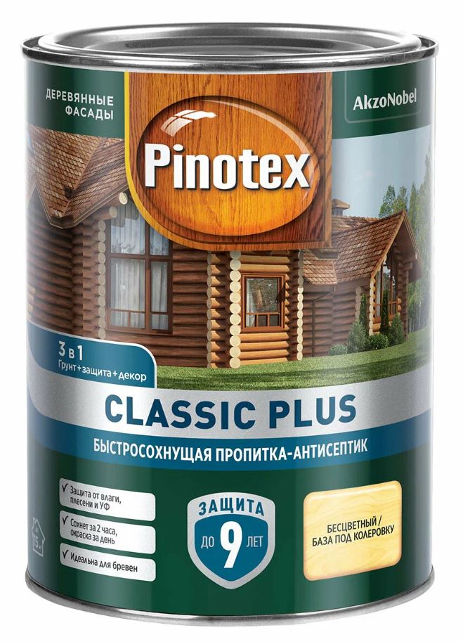 Пропитка декоративная для защиты древесины Pinotex Classic Plus 3 в 1 база CLR 0,9л